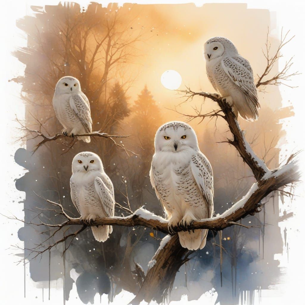 Snow Owls Roosting on Winter Branch at Twilight