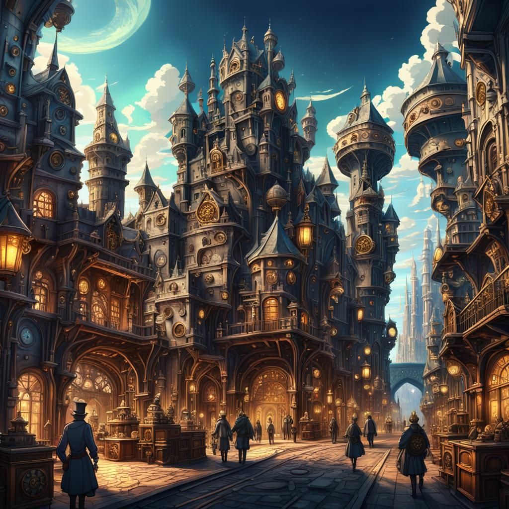 Fantastical Anime City with Steampunk Castle