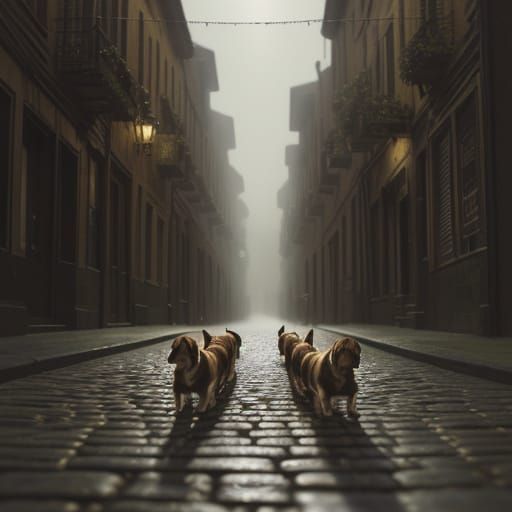 Basset Hounds on Cobblestone Street in Cinematic Style