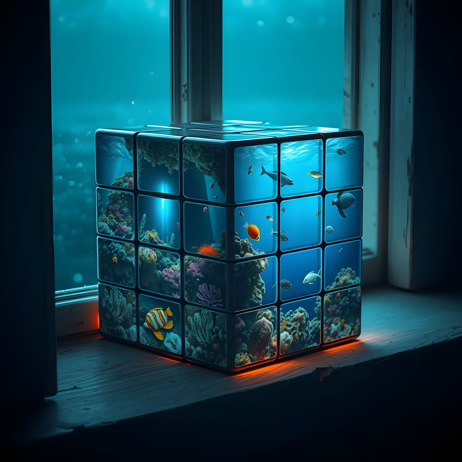 Hyper-Realistic Rubik's Cube in Aquatic Blue Atmosphere