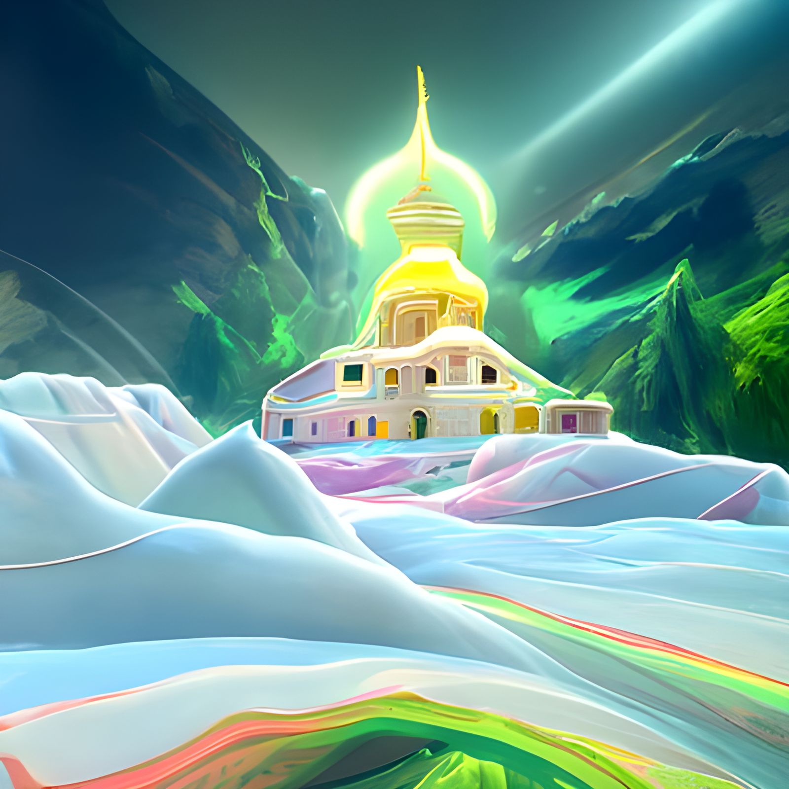 Aurora Borealis Illuminates Mountain Monastery in Cel Shadin...