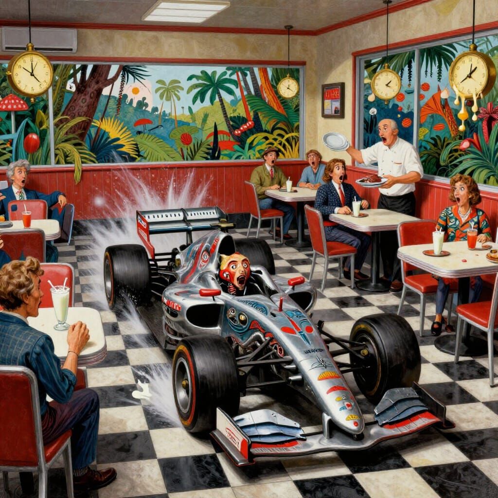 Formula 1 Car Races Through Norman Rockwell Diner