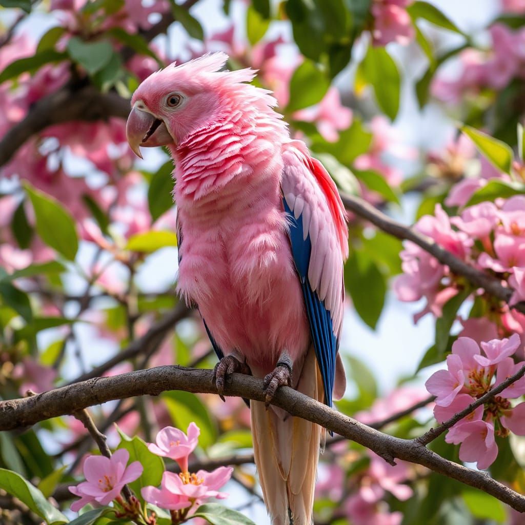Vibrant Pink Parrot Perched Amongst Blooming Flowers