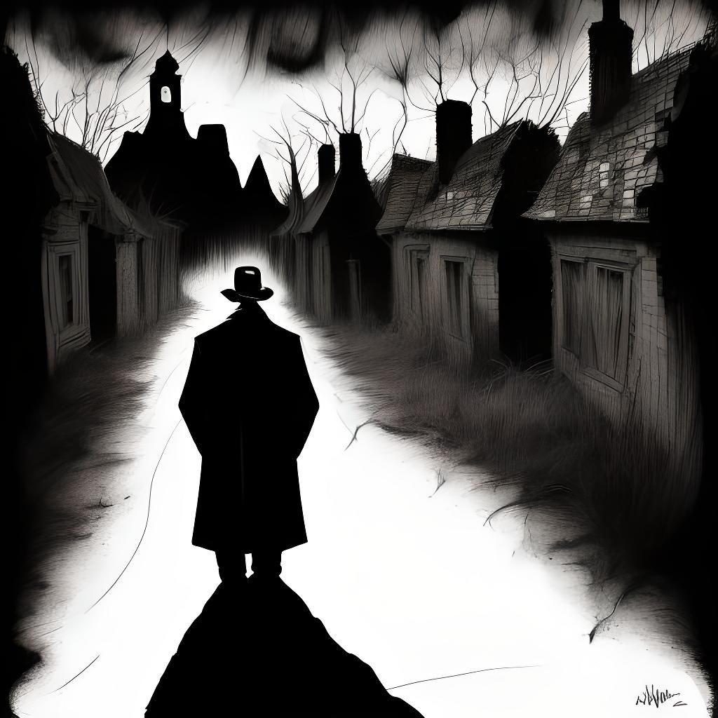 Ghost House in Spooky Town: Dark Charcoal Drawing