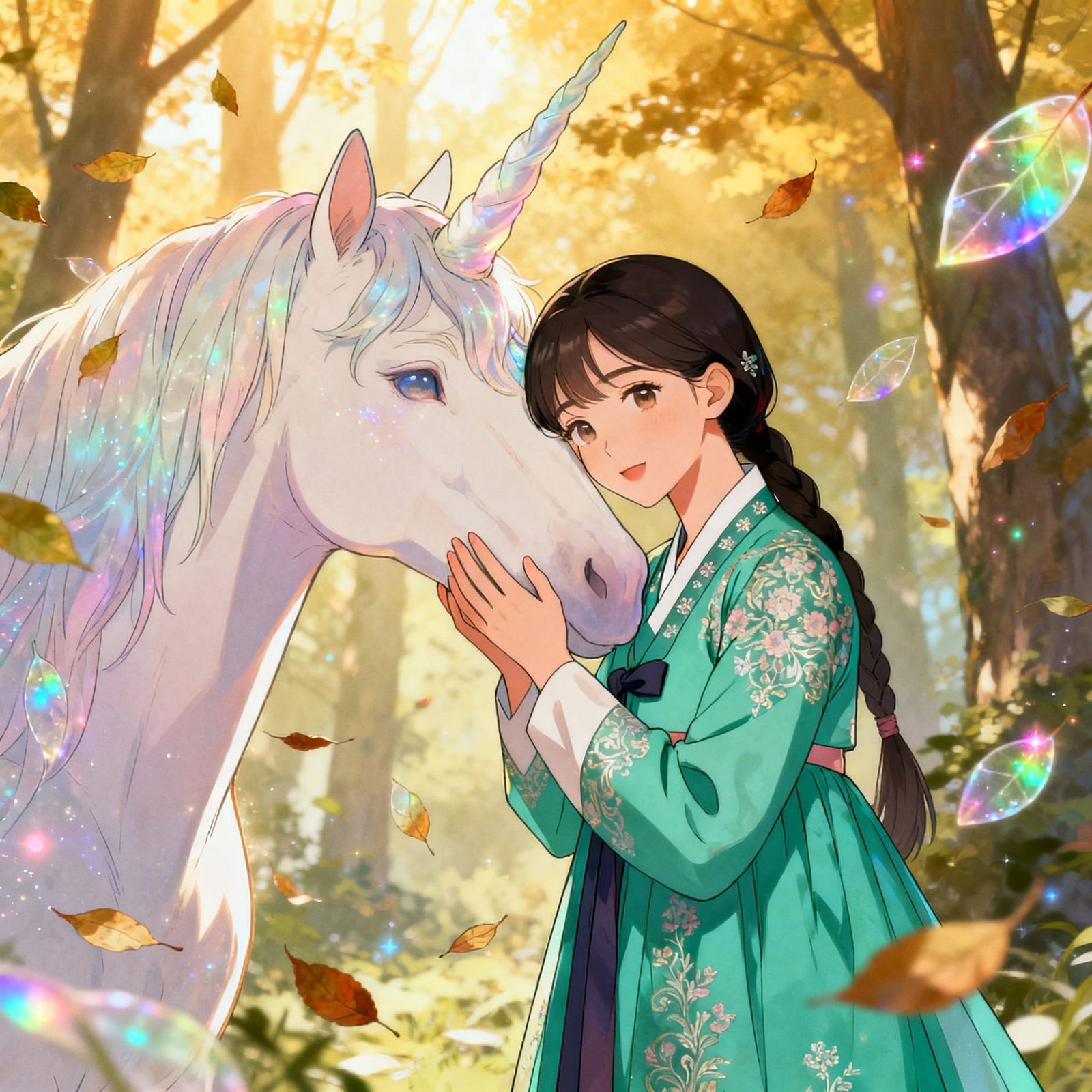 Korean Lady in Emerald Hanbok with Unicorn in Enchanted Wood...