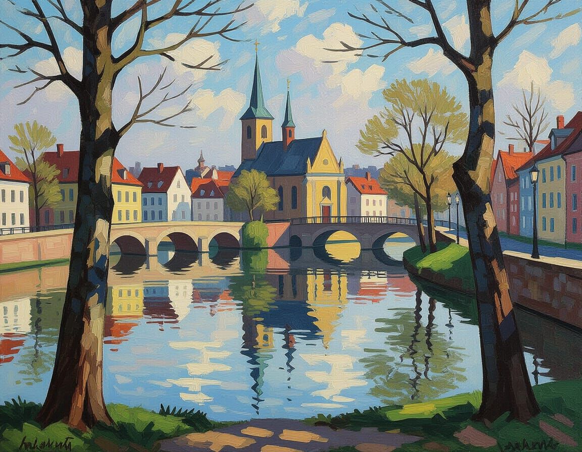 Impressionistic River Scene with Church and Trees