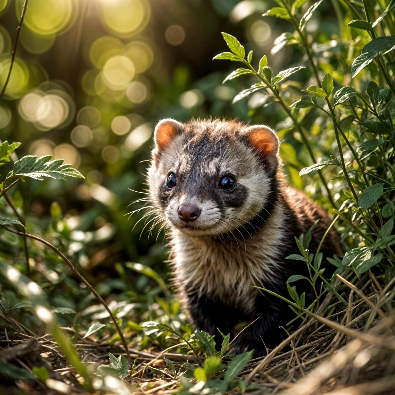 Tiny Ferret in Undergrowth with Cinematic Lighting