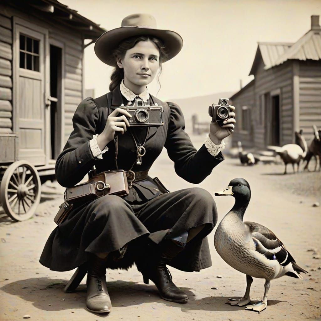 Wild West Gunslinger Photographing Duck with Vintage Camera