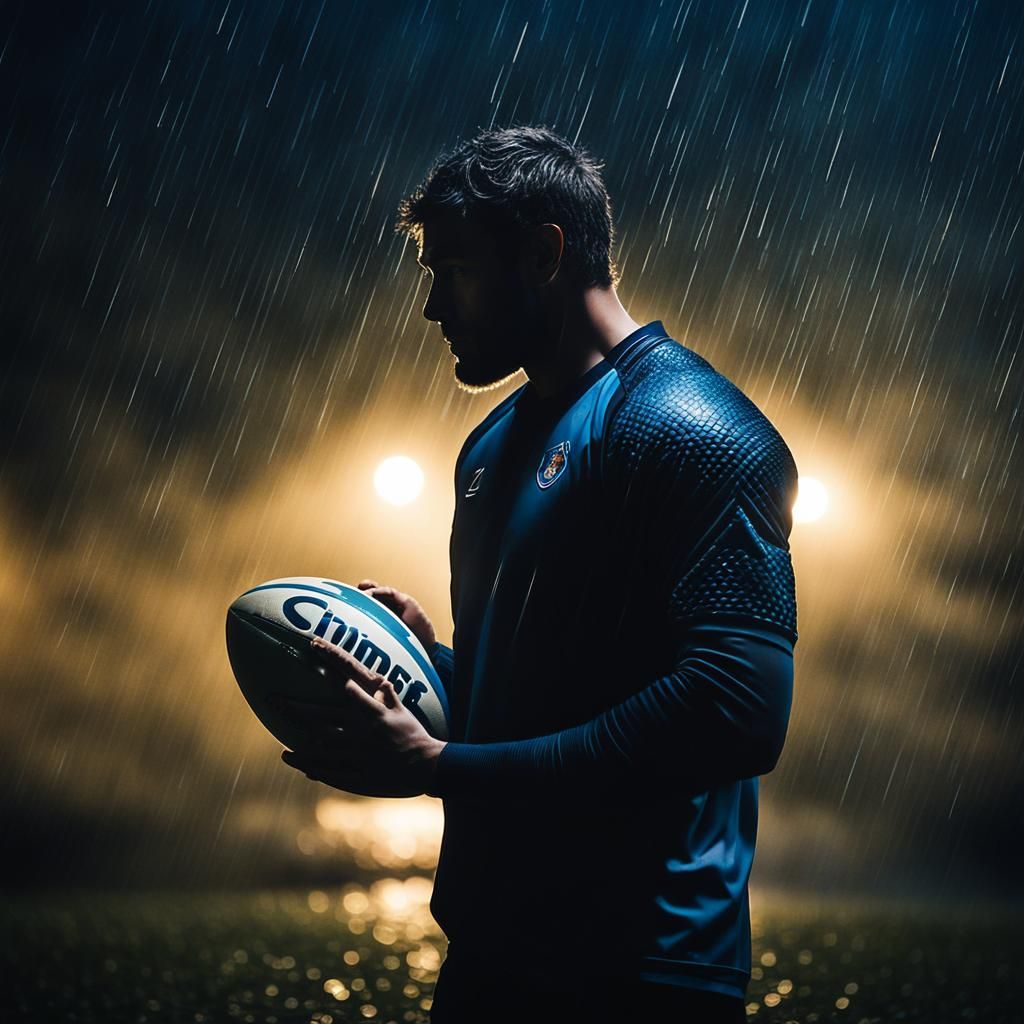 Rugby Player in Winter Rain: Cinematic Film Still