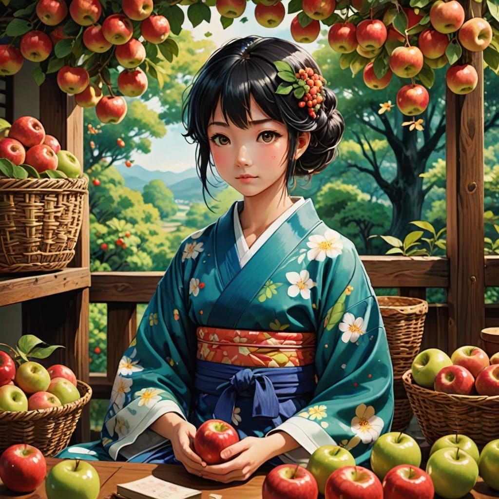Girl Surrounded by Vibrant Apples in Cozy Japanese Countrysi...