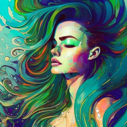 Green-Haired Woman in Hyperdetailed Gouache Illustration