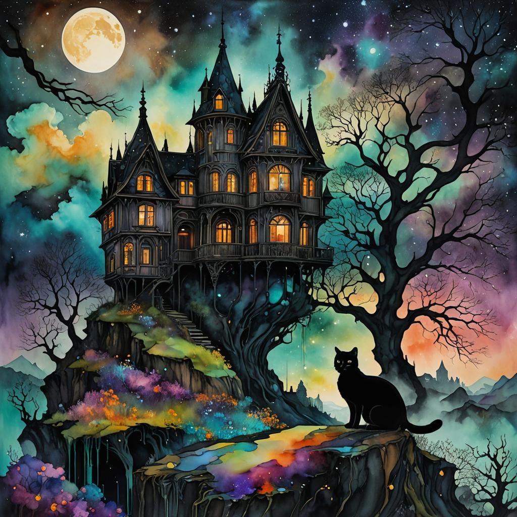 Black Cat Mansion in Alcohol Ink Fantasy Landscape