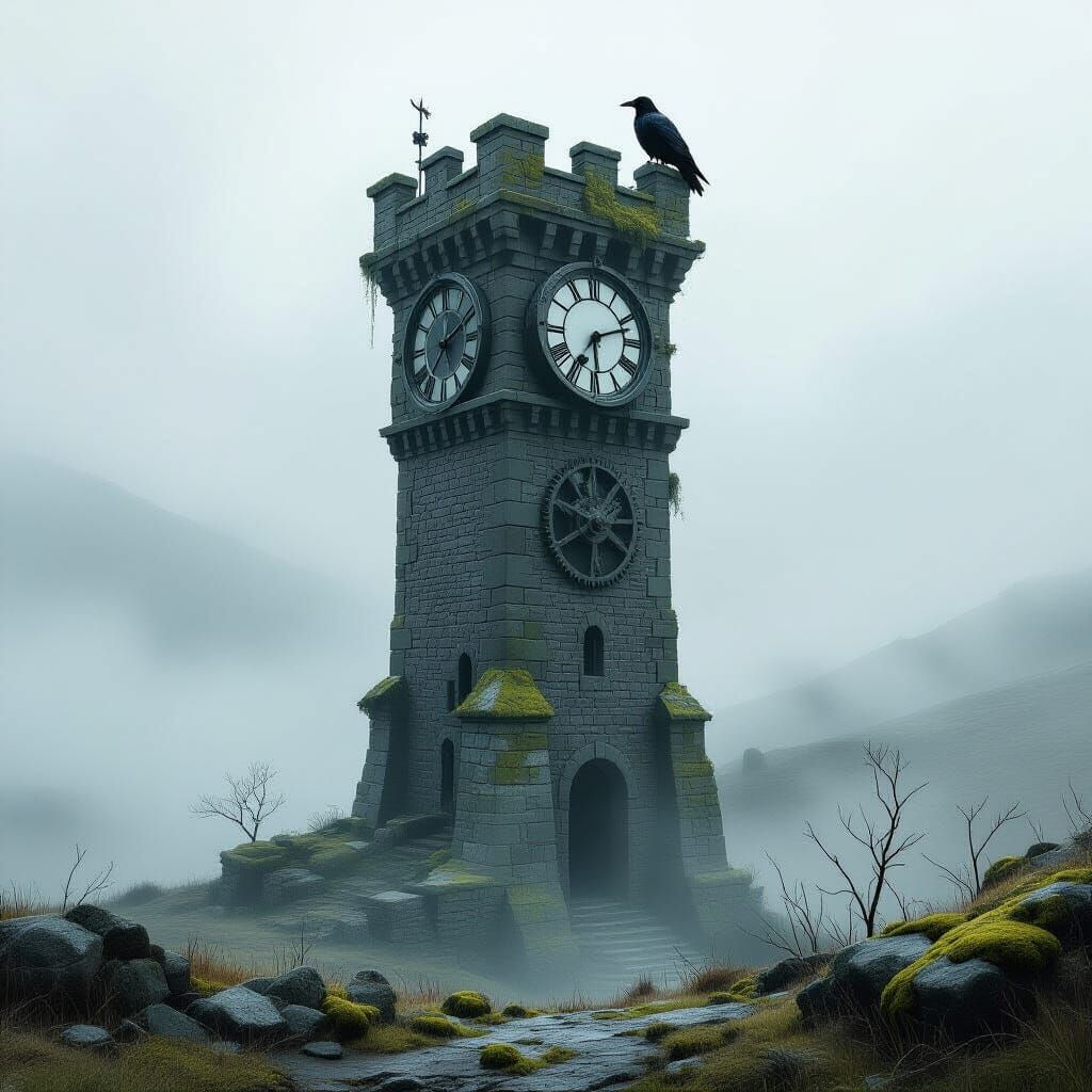 Misty Moor: Abandoned Clock Tower with Raven