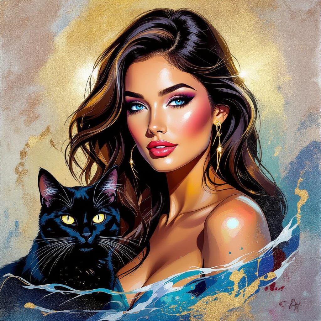 Liquid Gold Woman Near Sapphire-Eyed Cat in Graffiti Style