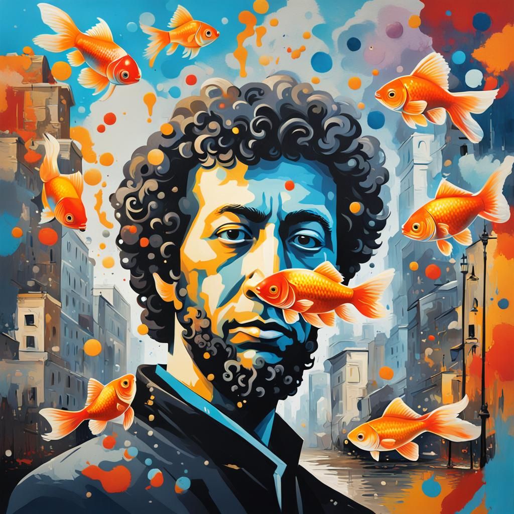 Abstract Portrait: Pushkin with Goldfish in Picasso Style