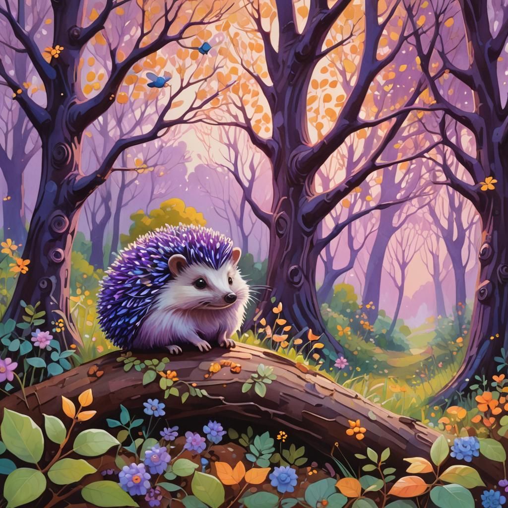 Violet Hedgehog in Whimsical Gouache Cotton Forest