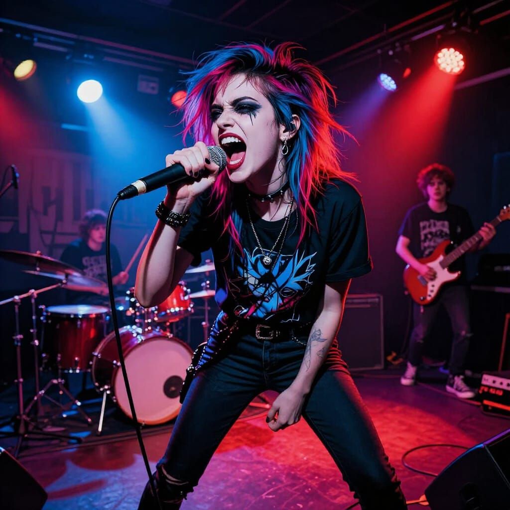 Emo Girl Screams into Microphone in Punk Band Concert