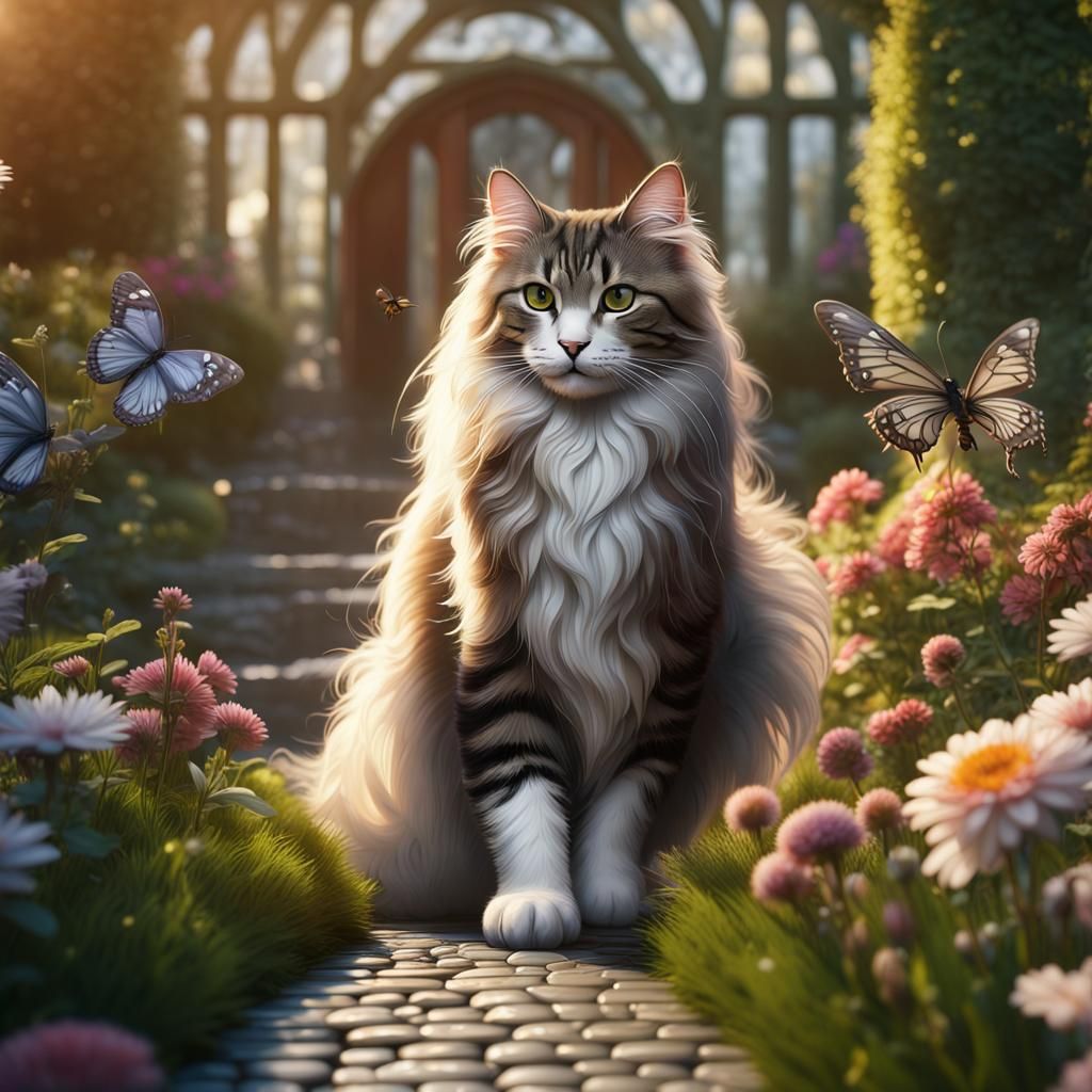 Regal Norwegian Forest Cat in English Garden