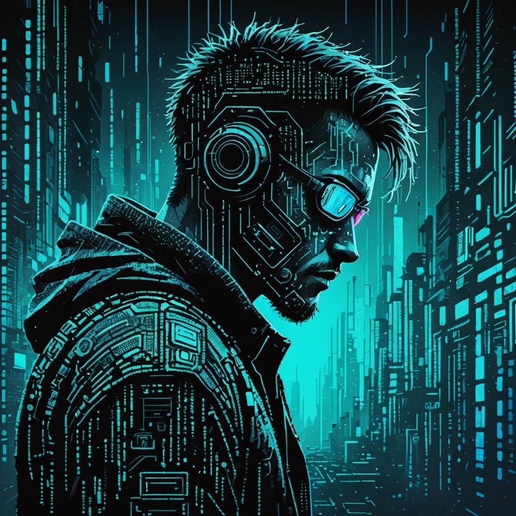 Pointillist Hacker in a Cyberpunk Dystopia