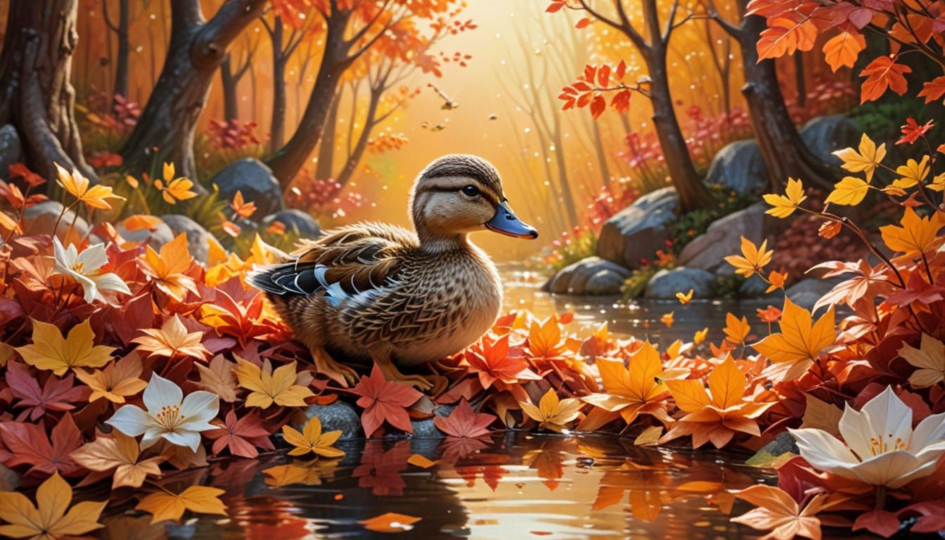 Cute Animals Frolicking in Autumn Leaves in Patchwork Style