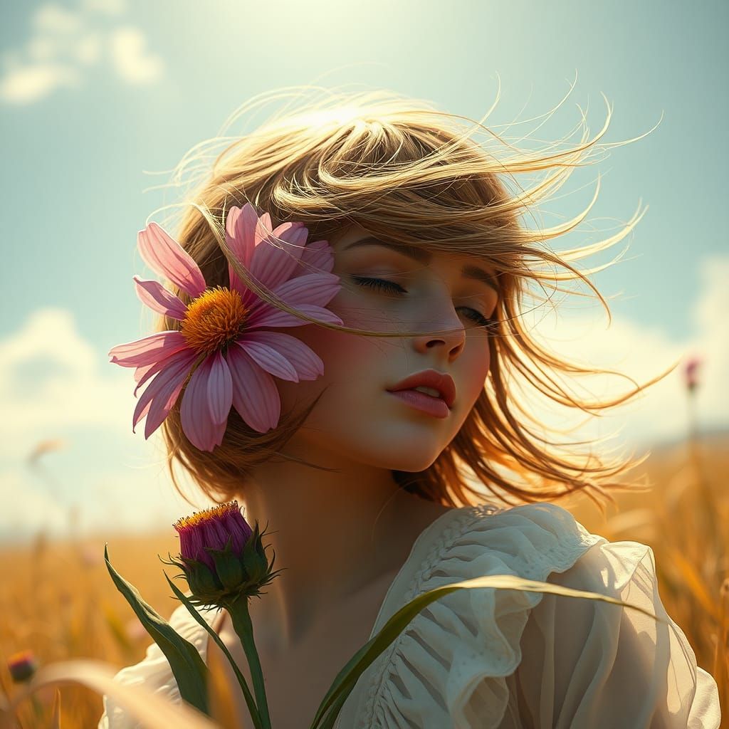 Cornflower Bending in Windy Field, Digital Art