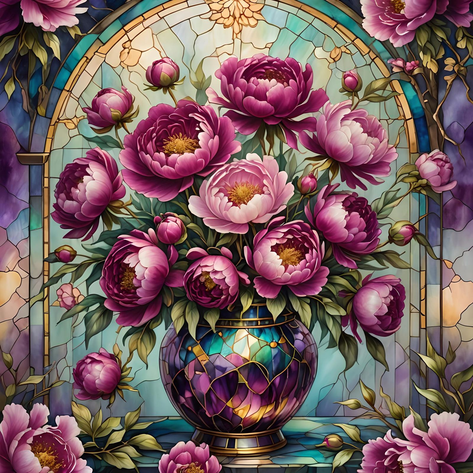Magenta Peonies Bouquet in Stained Glass Style