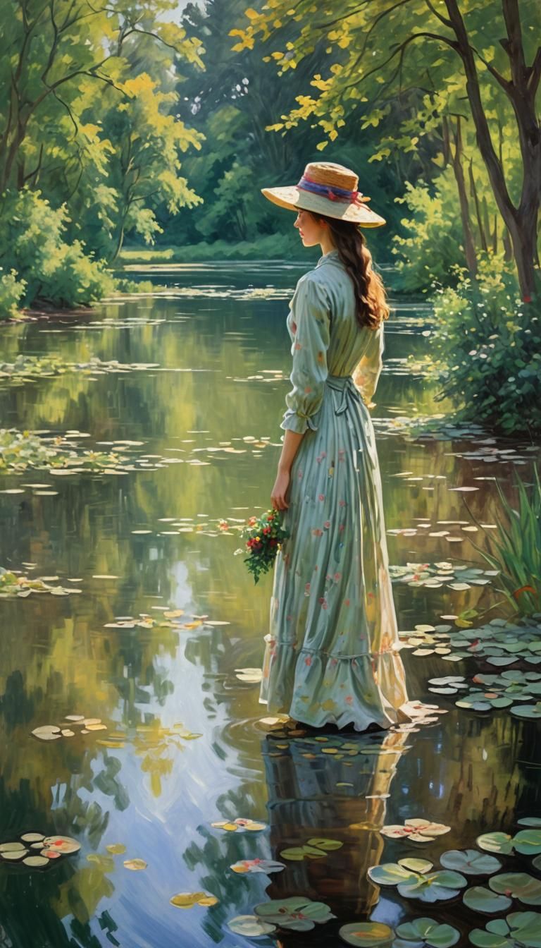 Impressionist Woman by a Serene Lake