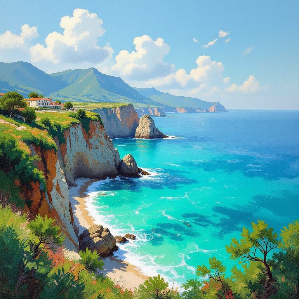 Detailed Painting of a Tranquil Italian Coastline