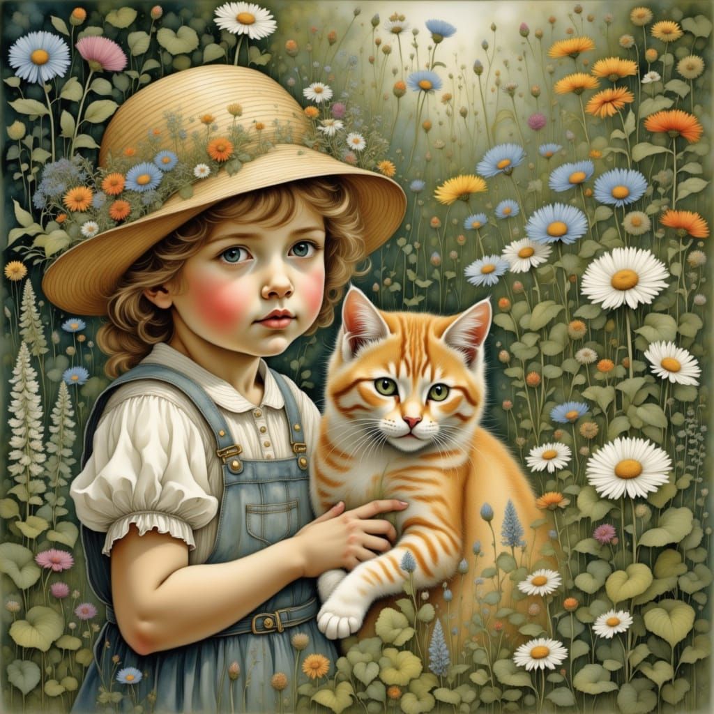 Whimsical Toddler and Cat in a Delicate Garden Scene