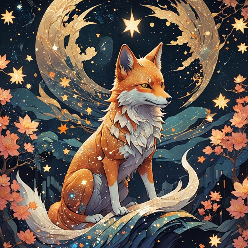Starry Kitsune Shimmers in Anime Collage Art