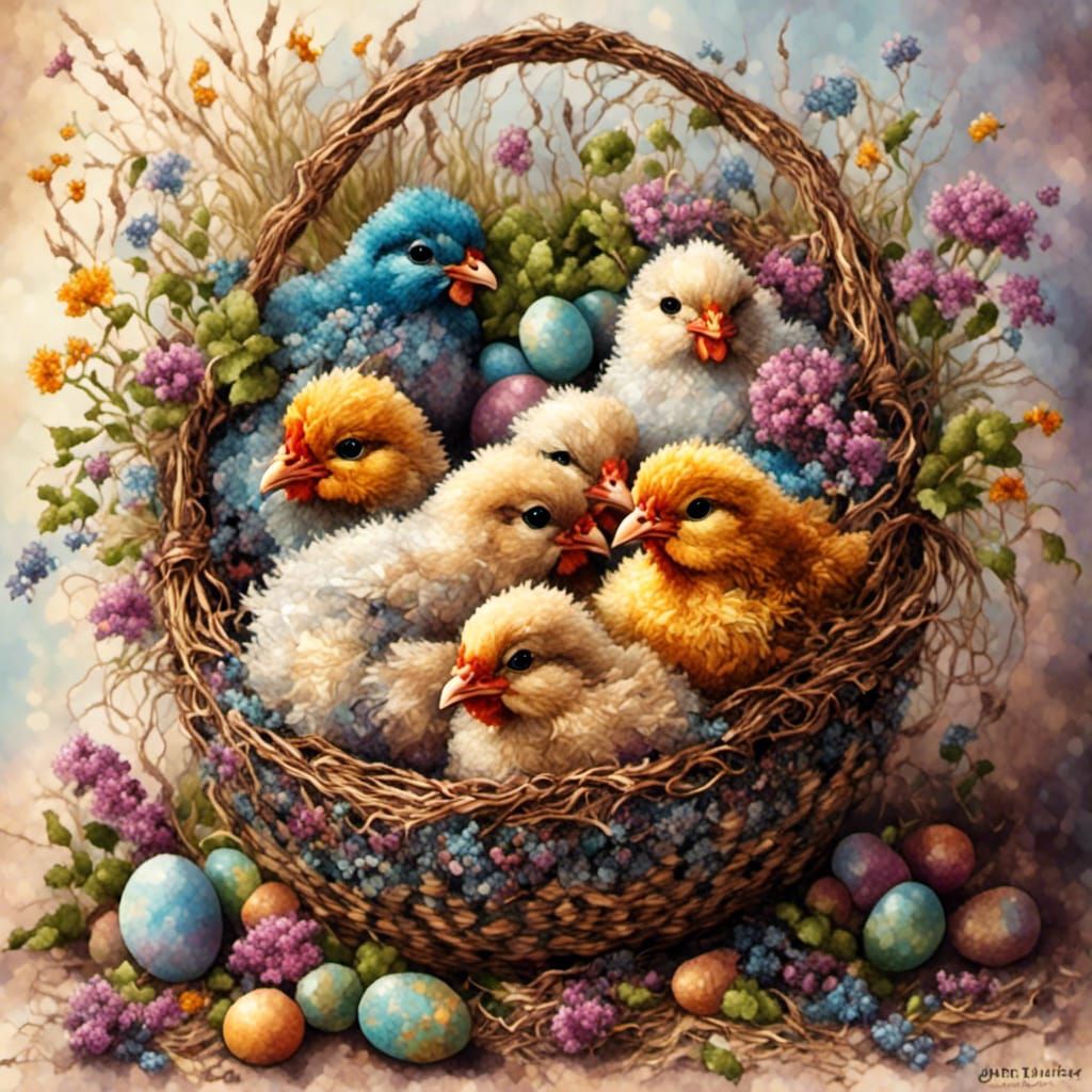 Easter Basket with Chicken Babies in Tapestry Style