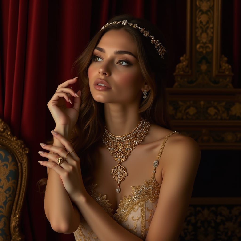 Regal Woman in Gold Jewelry Adorned with Baroque Opulence