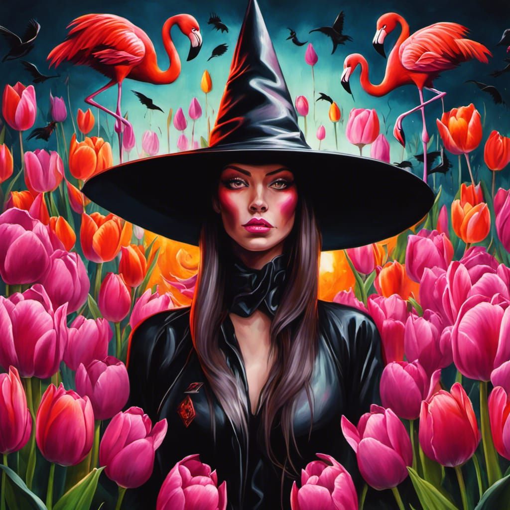 Dark Flamingo Witch in Graffiti Art Style