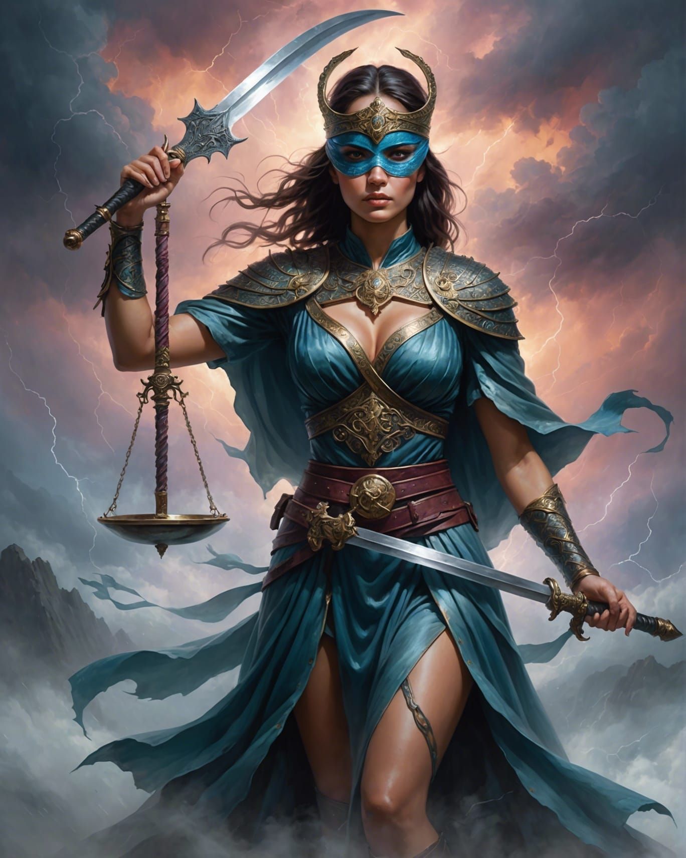 Mystical Lady Justice in Thunderstorm