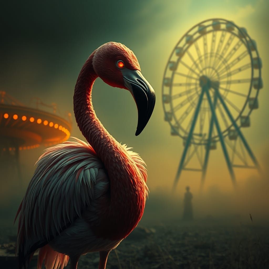 Vampire Flamingo in Abandoned Carnival, Surreal Oil Painting