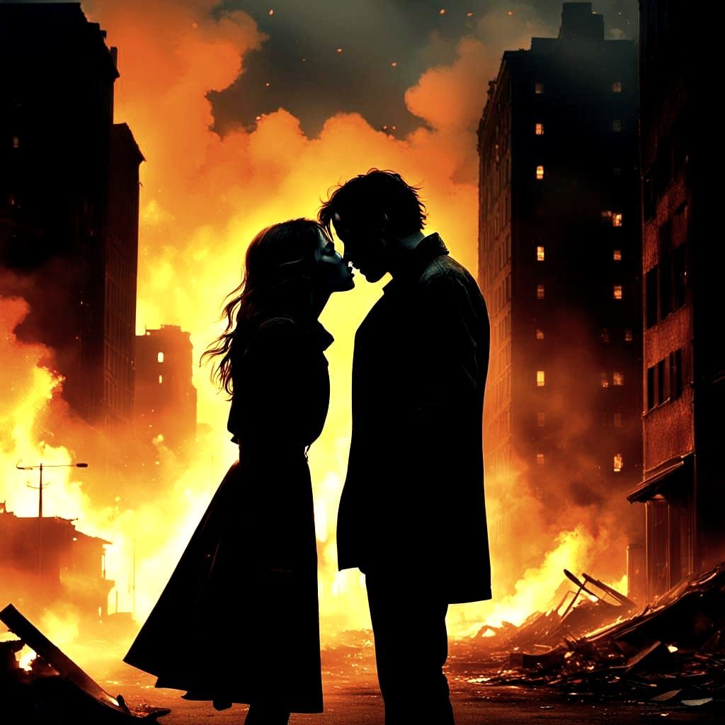 Poignant Kiss Silhouettes in Decaying Urban Landscape