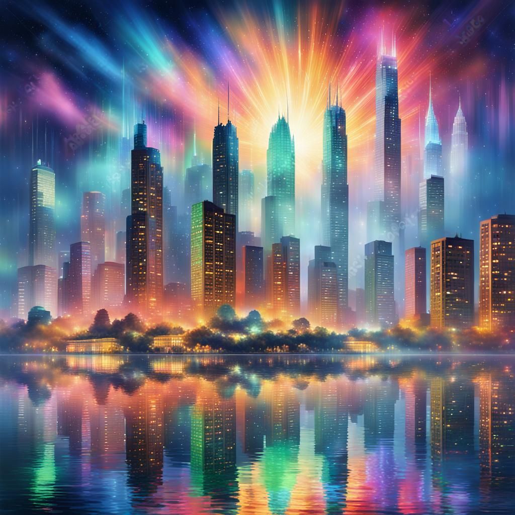 Vibrant Night Cityscape with Holographic Reflections