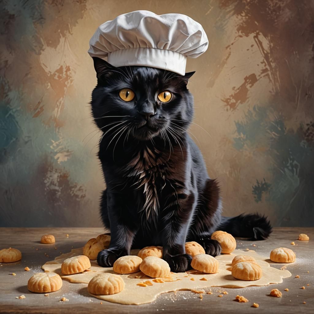 Hyperrealistic Black Cat Baker Kneading Dough