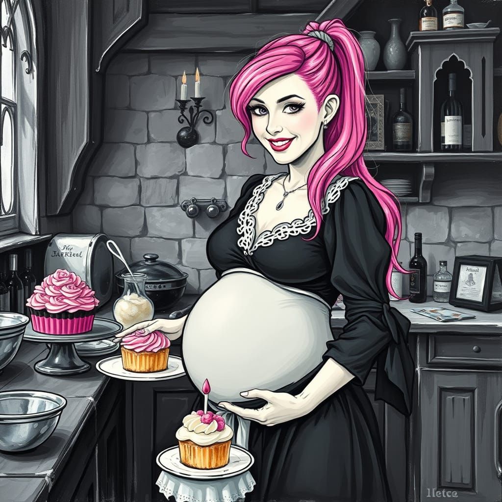 Gothic Bride in Kitchen, Frosting Cakes with Joy