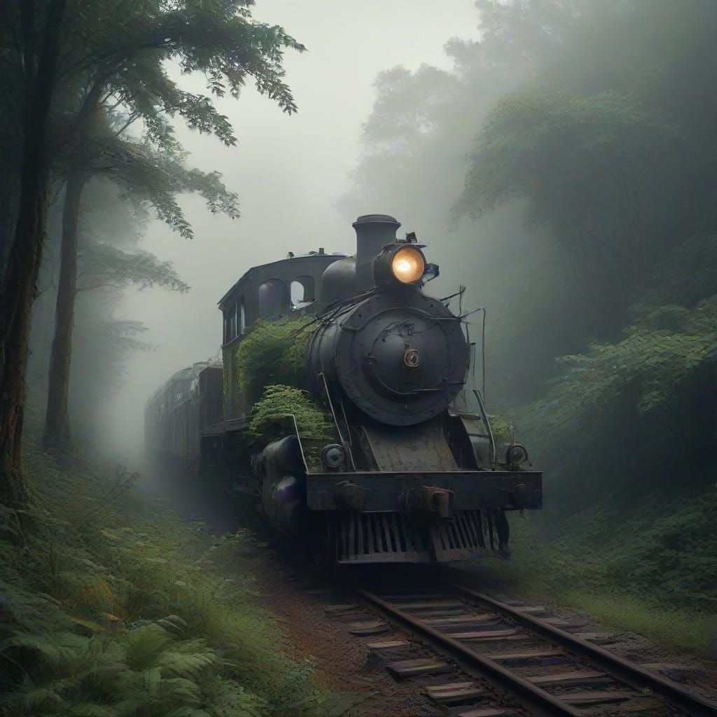 Overgrown Locomotive in Misty Jungle with Glowing Flora
