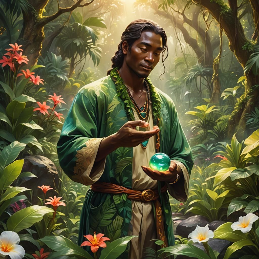 Healer with Pele Pebble in Hawaiian Garden