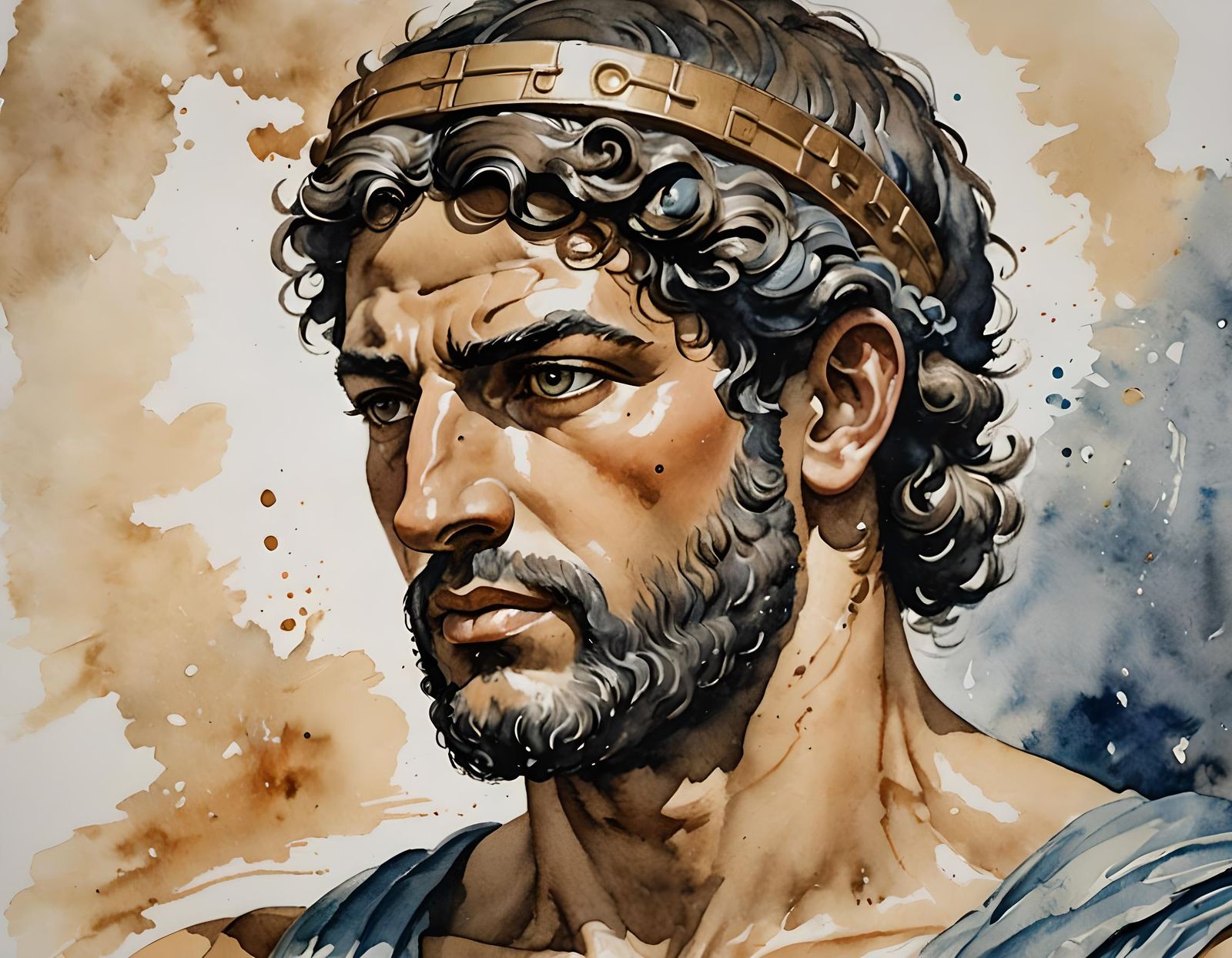 Young Greek Olympian Face in Watercolor Style