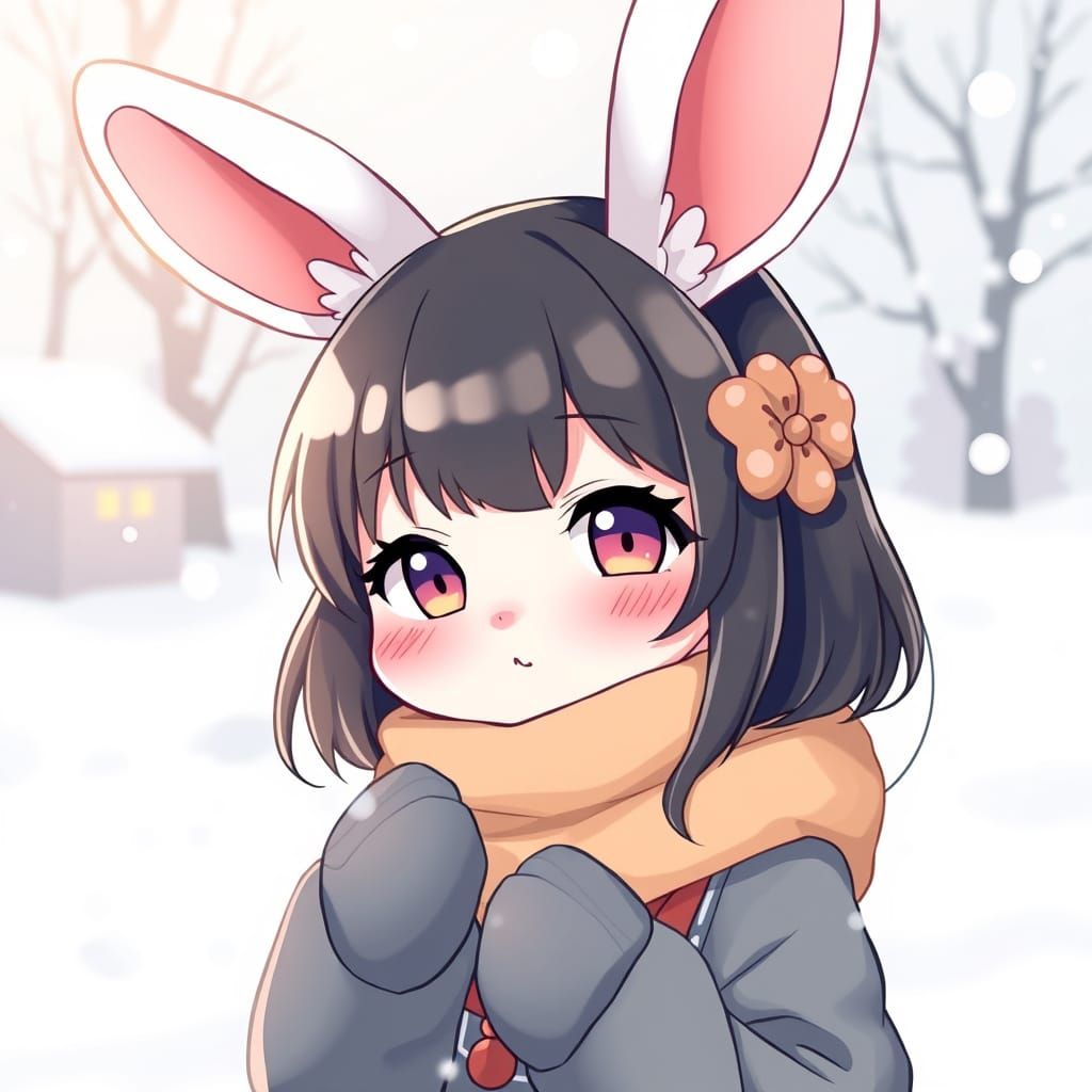Cute Rabbit Girl in Winter Snow, Anime Style