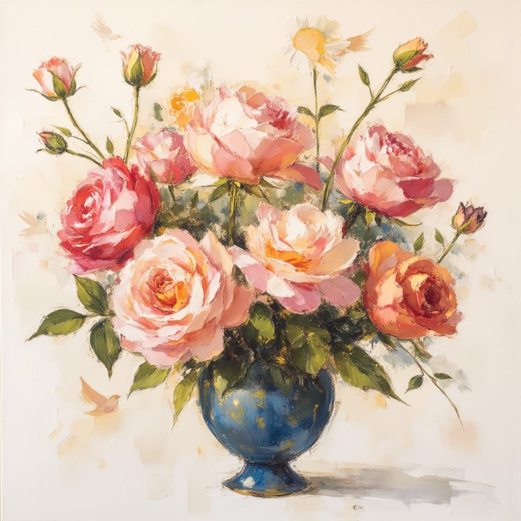 Impressionist Roses With Abstract Touches In Whimsical Style