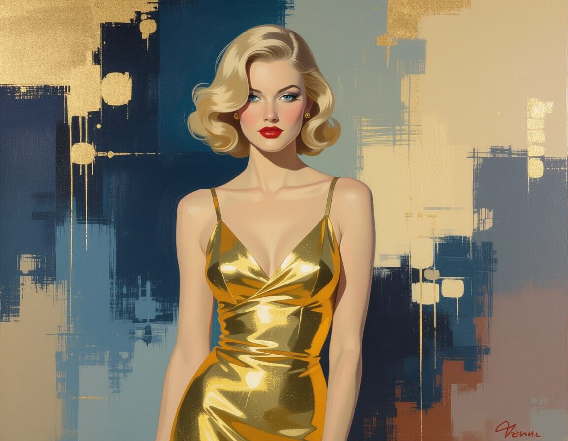 Elegant Woman in Gold Dress as Fluid Color Painting