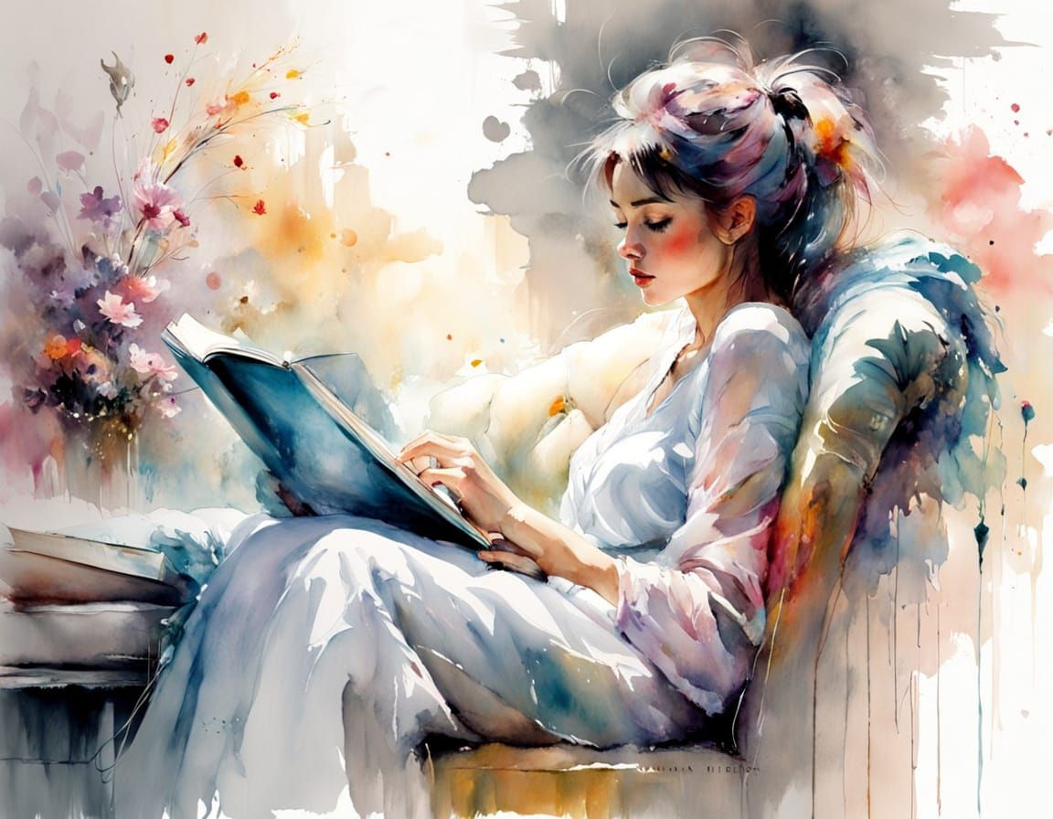 Watercolor Reader in Cozy Nook, Fine Art