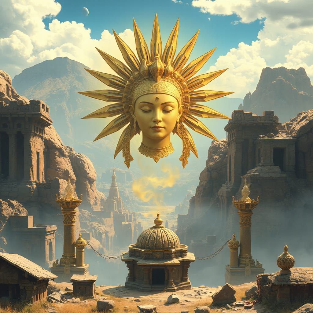 Sun Goddess Over Ancient City in Ethereal Style