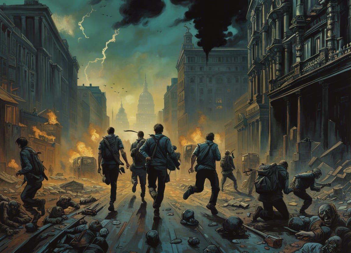 Zombies Run Through Ruined City: Post-Apocalyptic Art