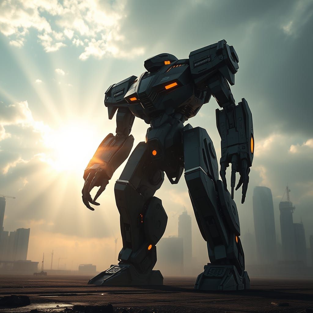 Futuristic Jaeger Robot Warrior Conquers Desolate Cityscape