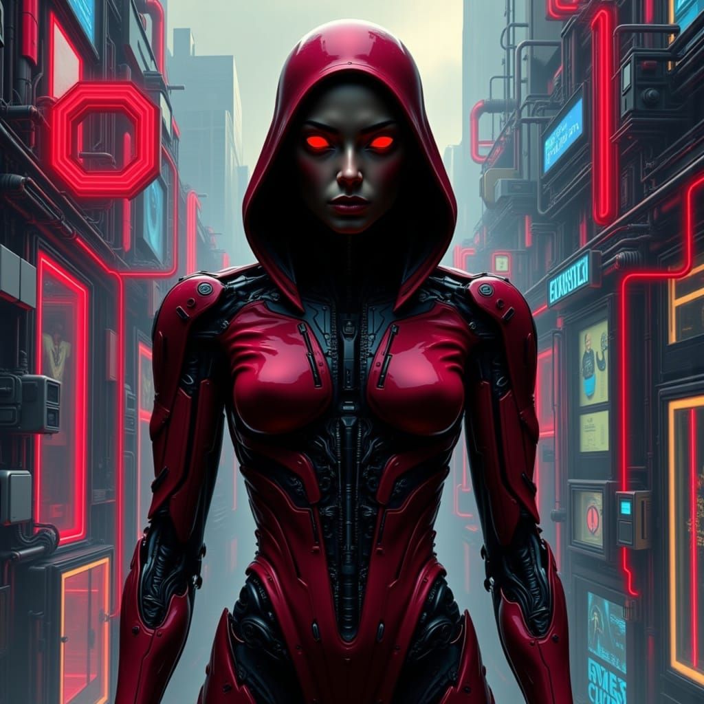 Futuristic Figure in Neon-Lit Cyberpunk Landscape